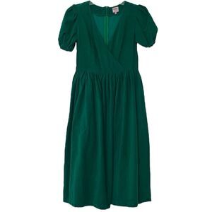 Lisa Says Gah Wrap Dress Velvet Cords Puff Sleeves Midi Green Made in USA Small